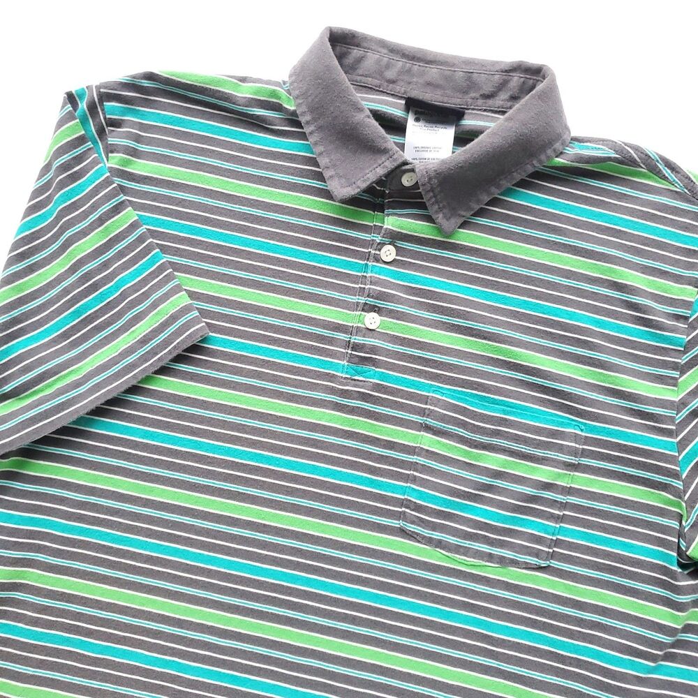 Patagonia Polo Shirt Mens M Short Sleeve Green Blue Stripe Pocket Organic Cotton